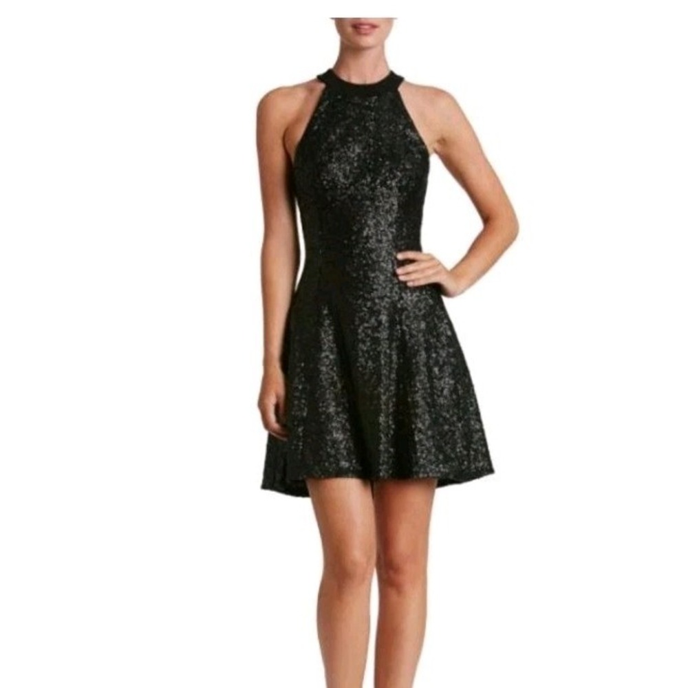 Dress The Population Annie Sequin Halter Open Back Fit‎ Flare Black Dress Sz XS